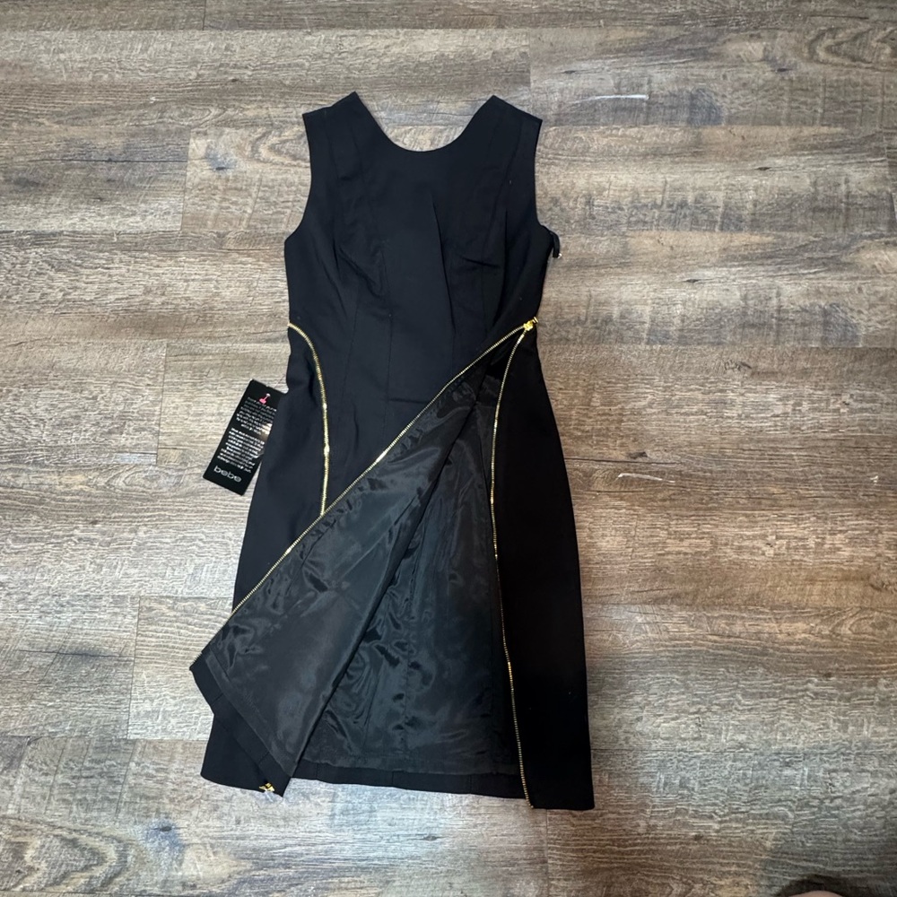 Bebe Little Black Dress Midi Sheath Dress Gold Zippers Bondage Women’s SZ 2 - Picture 6 of 15